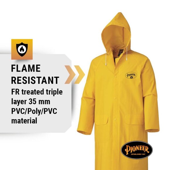 Pioneer Mens Yellow FR Resistant PVC Waterproof Long Rain Gear Jacket for Work - Picture 3 of 6